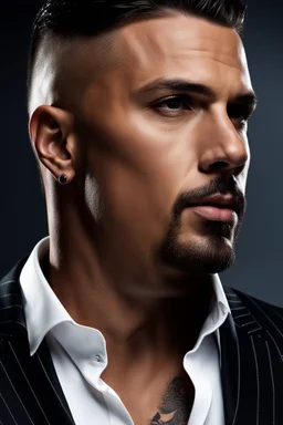 portrait of a 35 year old Handsome muscular male leader with lightly tanned skin and tattoos. Dark hair cut short and a goatee beard. wearing an armani suit. photorealistic