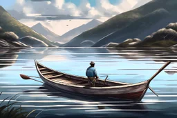 Fisherboat, realistic, colorfull, ocean, small boat, rowing boat, mountains, lake, fisher man