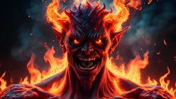 Create a half body shot of a hyper realistic demon engulfed in flames reaching out, extremely detailed evil eyes, Ultra realistic and highly detailed, 100% psychedelic background, 8k, hdmi, photo, vibrant, portrait photography, 3d render