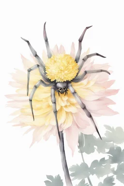 Create a beautiful realistic watercolor image. There is an amazing yellow Japanese Spider chrysanthemum with leaves on the grey and light pink stained background. Realistic. HD.