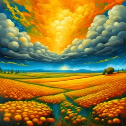 surreal fields of color, oil on canvas, endless warm fields full of golden yarrow under the sun, surreal thunder clouds --v 6.0 --style raw