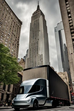 A Tesla semi-truck is parked, near the "Empire State Building' in New York. CINEMATIC. WIDE ANGLE LENS. PHOTO REAL.