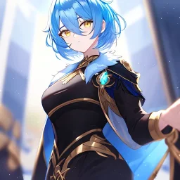 Clear focus, High resolution, short light blue fluffy hair, hair between eyes, yellow eyes, wearing black magma shorts, detailed outfit, blue and black outfit, gold accessory, female