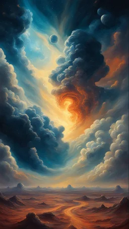 Back in time through a Time Machine in the parallel universe among the galaxies and the stars a big clouds of gas covering the sky from a distance Busch painting style nightmare
