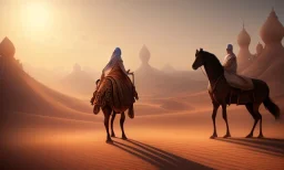 An ancient Arab poet next to a mare in the desert in front of a tent , full body, cinematic, 8k, resolution concept art portrait by Greg Rutkowski, Artgerm, WLOP, Alphonse Mucha dynamic lighting hyperdetailed intricately detailed