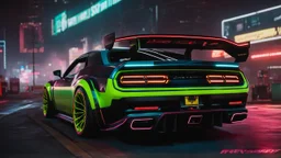 Challenger ultimate need for speed tuning Mansory Cyberpunk 2077 neon Style Rear View, Super Detailed, desktop wallpaper, 4K