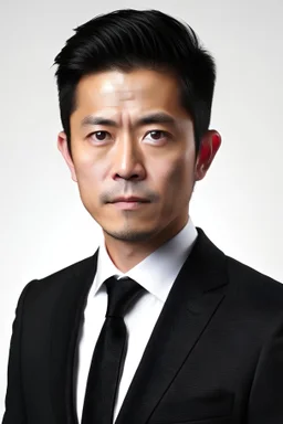 half portrait handsome 37 year old chinese light white skin man in black formal suit with a dark tie and white shirt with white background