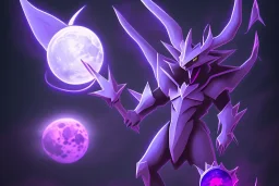 legendary dark type pokemon. Chaos. Black and purple colors. big. intimidating. moon. night. god. beast. creature. pokemon