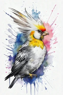 cockatiel paint running, watercolo splash , lines Random, sketch,, lines, ink with crosshatch , bust ,white background, around lines random, sketch tattoo, lines random