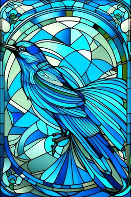 vitrail d'un geai bleu ailes déployées art déco d'après mucha