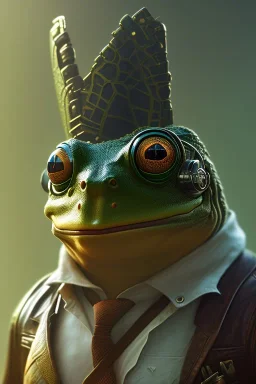 portrait male anthro frog dressed in indiana jones outfit character full body precis no blur, concept art, character sheet, nier automata, Alexander Mandradjiev cyberpunk, trending on artstation, featured on pixiv, hyper detail, cinematic composition, 8 k, detailed face