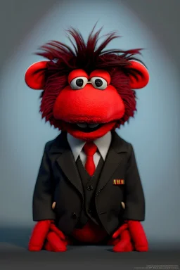 Waist up muppet Portrait, Kim Jong-un muppet doll, black suit, photo studio, red background, unreal engine 5, concept art, art station, ray tracing, lumen lighting, ultra detail, volumetric lighting, 3d.