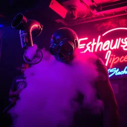 A exhaust pipe performing at dance club, his name is "exhaust pipe" and looks crazy, looks very aggressive look, Neon lights and smog, Im a "exhaust pipe" SIGN ON WALL