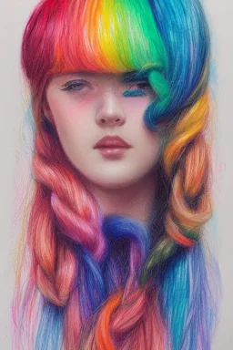 Beautiful perfect perfectly centered photorealistic lady crayon on pastel paper long hair, rainbow hair, rainbow dress, close up portrait by Greg Rutkowski