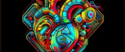 FLAT VECTOR LAYERED 2-D MULTICOLORED COMPLIMENTARY NEON MECHANICAL HUMAN HEART, METALLIC,