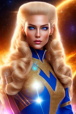 Beautiful tall woman Pleiadian galactic commander, ship, perfect detailed face, detailed golden galactic suit, high rank, long blond hair, hand with five perfect detailed fingers, amazing big blue eyes, smiling mouth, high definition lips, cosmic happiness, bright colours, blue, pink, gold, jewels, realistic, real photo, bright and sunny background, very detailed, high contrast, high definition 8k, pixel 512X512, unreal engine 5, extremely sharp details, light effect, br