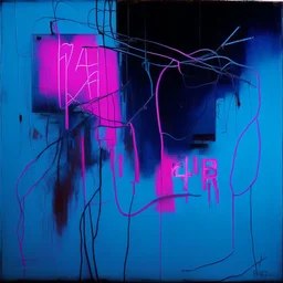 Minimal abstract oil painting of bright blue and pink with random words. hanging wires illuminated at night. In the style of Justin Mortimer and Phil Hale and Ashley Wood