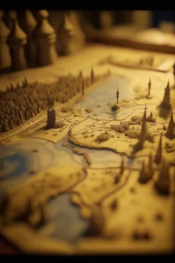 a map of a fantasy kingdom in old parchment hanging on the wall, bokeh like f/0.8, tilt-shift lens 8k, high detail, smooth render, down-light, unreal engine, prize winning