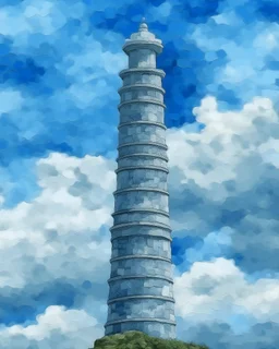 A light grayish blue tower in the clouds designed in Ica stones painted by Jeffrey Kolker