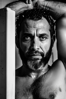 full figure shot 48 years old puertorican carpenter man hands behind the head , in an abandoned warehouse, serious, bearded burly chubby , serious eyes, shirtless under the shower, wet, dripping water, manly torso, photorealistic, 50mm photo, ambient occlusion , side view from the ground