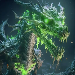 Giant horrific zombie dragon made of bones and rotten flesh, covered with glowing green slime, photorealistic, unreal engine 5, masterpiece, trending on artstation