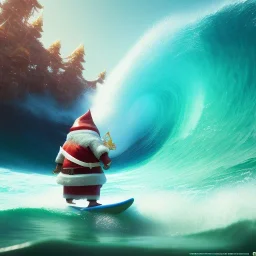 Santa standing of surfboard surfing a big wave, surfboard, beach, character design by cory loftis, fenghua zhong, ryohei hase, ismail inceoglu and ruan jia. unreal engine 5, artistic lighting, highly detailed, photorealistic, fantasy