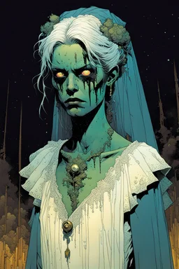 create a hardened, undead teenage Prom Queen, finely defined but decayed facial features, necrotic skin, in the comic book art style of Mike Mignola, Bill Sienkiewicz and Jean Giraud Moebius, , highly detailed, grainy, gritty textures, , dramatic natural lighting