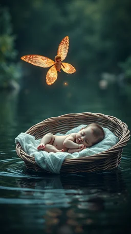 A baby sleeping in side a basket bed that is floating in the river and an beautiful fairy with beautiful sparkling wings flying over him, 4K, a dramatic , cinematic, great lighting