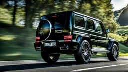 A sleek ((( Mercedes-AMG G 63 BMW))) with a majesticly curved rear, cutting through a (sunny, open countryside) backdrop