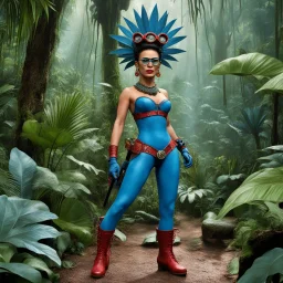 [humid jungle forest] Frida Kahlo by Ray Harryhausen as thin nudist blue female alien warrior with goggles red boots and corset with ray guns