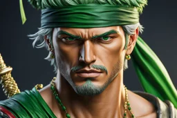 Zoro in 8k live action anime artstyle, one piece them, Young man, dynamic pose, intricate details, highly detailed, high details, detailed portrait, masterpiece,ultra detailed, ultra quality