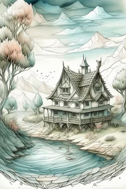 The place where the Dream and its followers live. Watercolor, fine drawing, beautiful landscape, pixel graphics, lots of details, pastel aqua colors, delicate sensuality, realistic, high quality, work of art, hyperdetalization, professional, filigree, hazy haze, hyperrealism, professional, transparent, delicate pastel tones, back lighting, contrast, fantastic, nature+space, Milky Way, fabulous, unreal, translucent, glowing