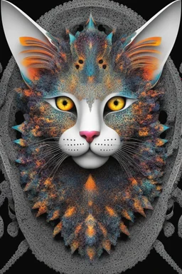 T-shirt design graphics on white background, Parametric structure, vivid colors, frontal CAT Head in mandelbrot style, intricated details, cyberpunk, 32k, surreal, symmetrical, high contrast