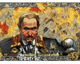 evil Russia president satan fangs Vladimir Putin, Moscow in fire