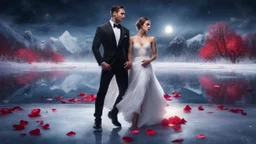 Hyper Realistic handsome muscular man in Black-Tuxedo & beautiful Girl in White-Gown ice-skating on a frozen lake with dramatic environment & red-rose-petals at night