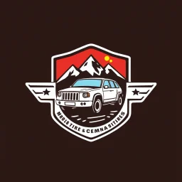 logo for a shop that repairs automobiles, installs tires and does oil changes, inside a shield shape, in the style of national parks stickers