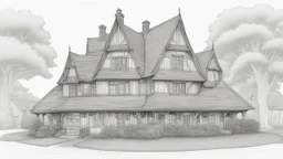 A front elevation fine line drawing of a fantasy Tudor farmhouse.