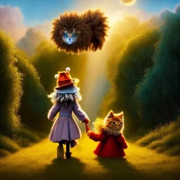 cute fluffy lion and scarecrow and tin-man and kitten on a journey into the woods walking on a yellow brick road, cute adorable pop surrealism, lowbrow art, realistic, street fashion, fluffy , pixar style, hyperrealism, christmas colors, rococo, by "NewAgerJul", Pixar, Disney, concept art, 3d digital art, Maya 3D, ZBrush Central 3D shading, bright colored background, radial gradient background, cinematic, Reimagined by industrial light and magic, 4k resolution post processing 8k resolution holog