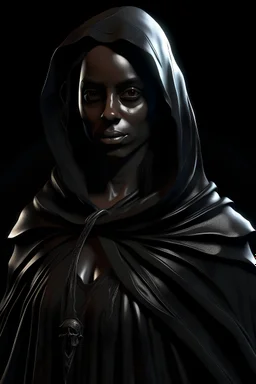 front facing portrait, 1 ebony female, 1 grim reaper in a cloak is standing behind her, Miles Johnston drawing style, sharp focus, cinematic lighting, hyper realism, octane render, 8k, hyper detailed, photorealistic, ultra realistic, volumetric lighting, black background
