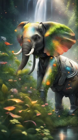 portrait of robot elephant in the garden, waterfall and elves ,lotsa wild weed, in spotlight, magazine cover illustration with spray paint, signed, bokeh like, down-light, unreal engine, prize winning