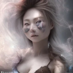 perfect face hitomi tanaka, elemental statue 8k, fog and smoke effect, chakra energy around HDR photograph