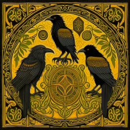 European pagan art with nature and runes and ravens