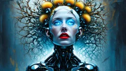 old worn paper, Ethereal bald white woman with thorns, thistles and plant roots on her head, cyberpunk biomechanics digital painting depicting a glowing woman with robotic features, combining human and artificial elements in a gripping sci-fi scene with intricate details and a cinematic atmosphere. Red lips, gold fragments, silver particles, wind, swirls, glare, glow from within, 8K, fine rendering, high detail, hyperrealism, high resolution, multi-layered, hyperdetail, hyperfocus,