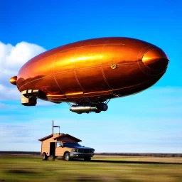 award winning photograph of a steampunk house-fly ufo dirigible designed by only one vehicle per image painted metallic orange traveling at a high rate of speed, jet intake off of front center of vehicle and jet exhaust out the rear bilaterally symetrical,