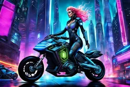 In utopian cyberpunk future, a hardcore beauty woman, cruises through the neon-lit streets of a tall, towering city on her custom-painted motorcycle. Her perfect android body is in futurstic motorcycle clothing, it gleams in the night as she racing between towering metal and glass skyscrapers and The Utopistic Landscape and satellites stretches out before her. She rides towards a neon blue spaceport, where her latest adventure awaits. deep colors, utopistic, neo-cyberpunk style