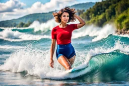 beautiful girl supper model, in nice red top ,blue short pants, with curvy hair,perfect face,perfect eyes,Surfing in huge wave,water with splash,country side wavy narrow river ,wild flowers ,blue sky nice clouds