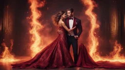 Hyper Realistic handsome muscular guy in flame-patterned-maroon-tuxedo & a beautiful girl in classy-maroon-gown-with-golden-lace dancing in Dark-Room-with-embers.