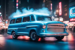 retro concept, key car version of GMC 1952 Suburban, mini wagon, 4 passenger, modern boxy design, techno, realistic, detail, techno background white best lighting, front view angle, races in the midnight of shibuya street, wheels are spinning with smoke, motion blur, long distance drifting, poster composition, blue neon light effect on the bottom of car, black rim, hot wheels style, midnight, dark night, low key, cool, aesthetic, full car in frame, full car picture, drift, highly detailed, 8k, 1