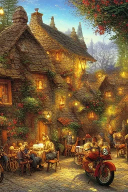 Small Medieval tavern for bikers in a forest, motorcycles parked infront highly detailed digital painting oil on canvas cinematic lighting sensuality beautiful wallpaper fantastic view crisp quality Jacek Yerka Thomas Kinkade Carl Barks