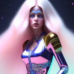 Entire white woman with legs, long blond hair, blue eyes, pink and blue dress in a galactic ambiance, delicate colors in the foreground, full of details, smooth, light effect，vaporwave colorful, smooth, extremely sharp detail, finely tuned detail, ultra high definition, 8 k, unreal engine 5, ultra sharp focus